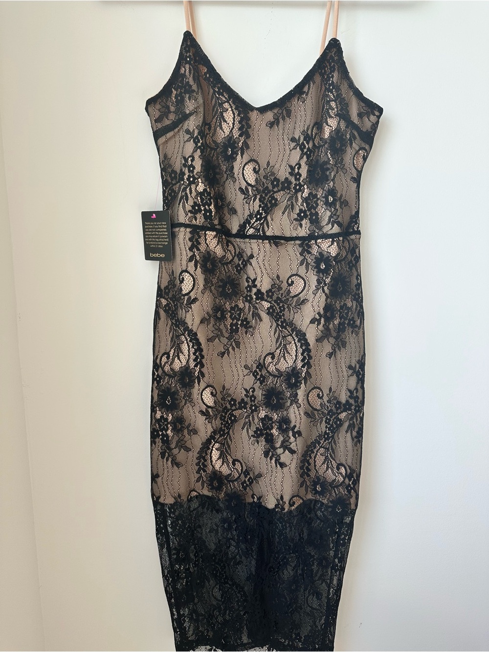 bebe Black Lace Overlay Dress with Nude Lining Size S NWT